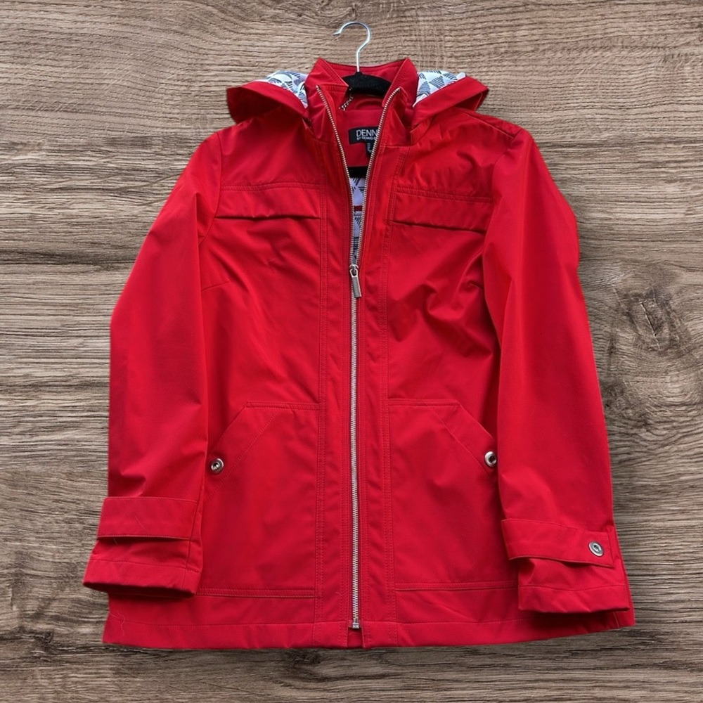 Dennis Basso Red Rain Jacket Removable Hood Water Resistant Women’s L